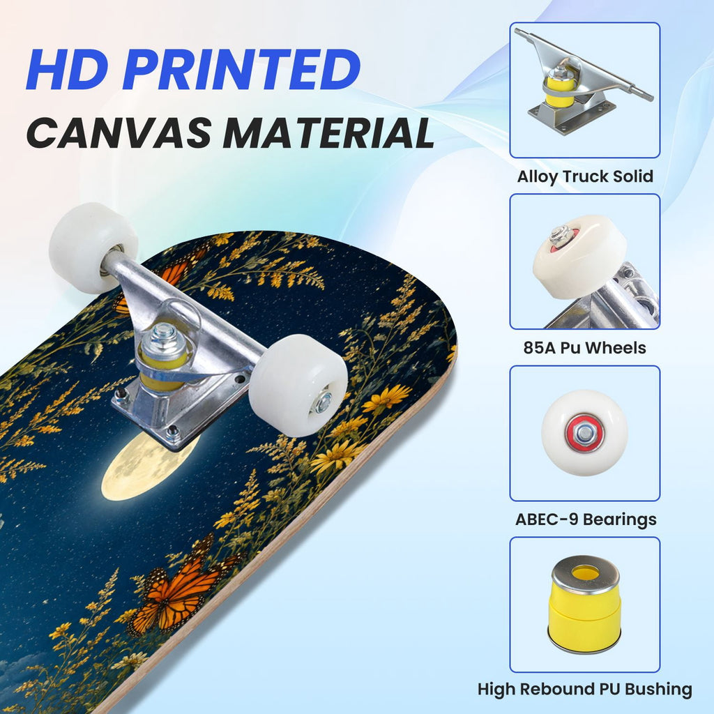 31"x8" Complete Skateboards for Beginners, Blue Moth Moonlight Flowers Mushrooms Forest Double Kick 7 Ply Canadian Maple Deck Skateboard with Wheels, Gifts for Kids Teens