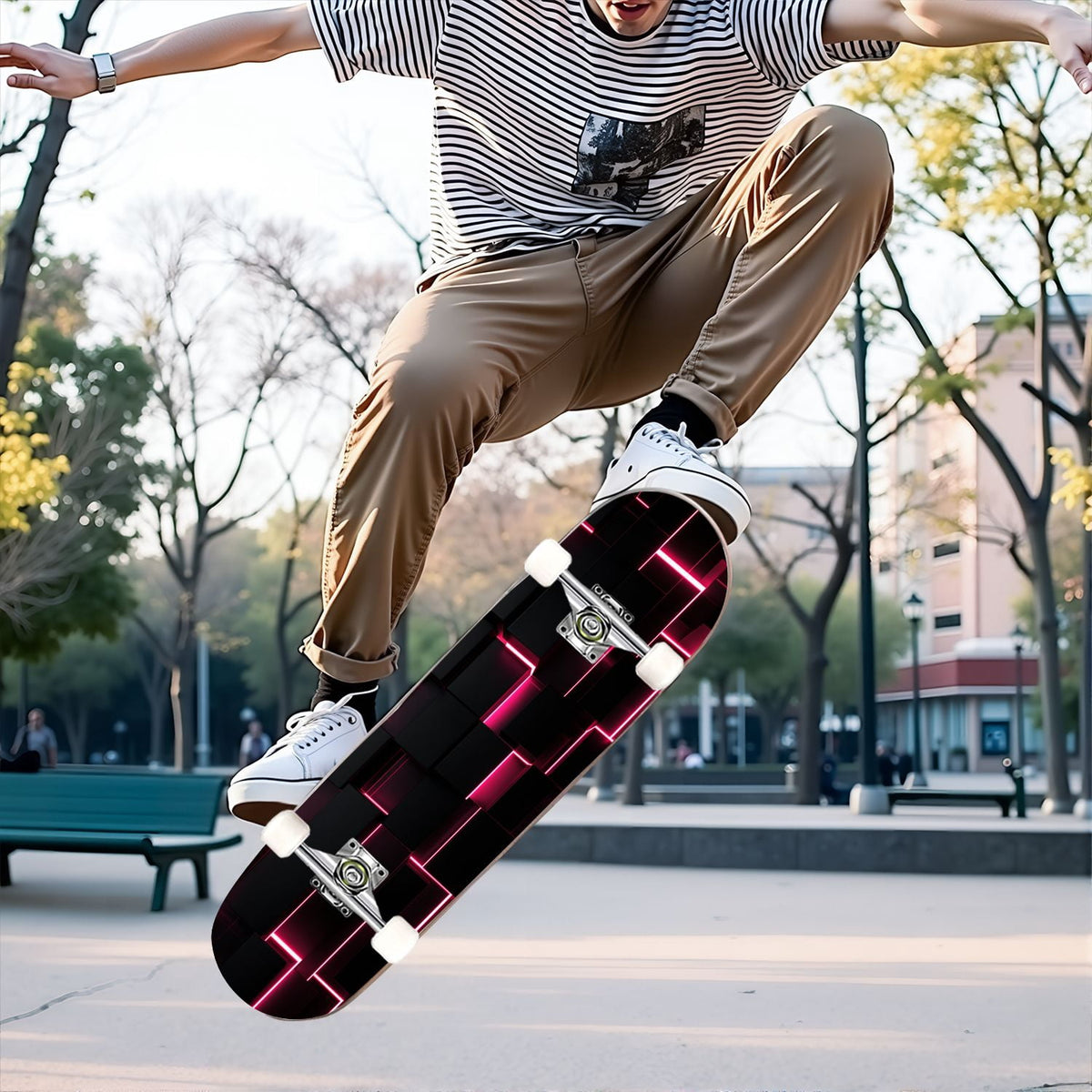 31"x8" Complete Skateboards for Beginners, Honeycomb Futuristic Hexagonal Neon Glowing Orange Light Double Kick 7 Ply Canadian Maple Deck Skateboard with Wheels, Gifts for Kids Teens