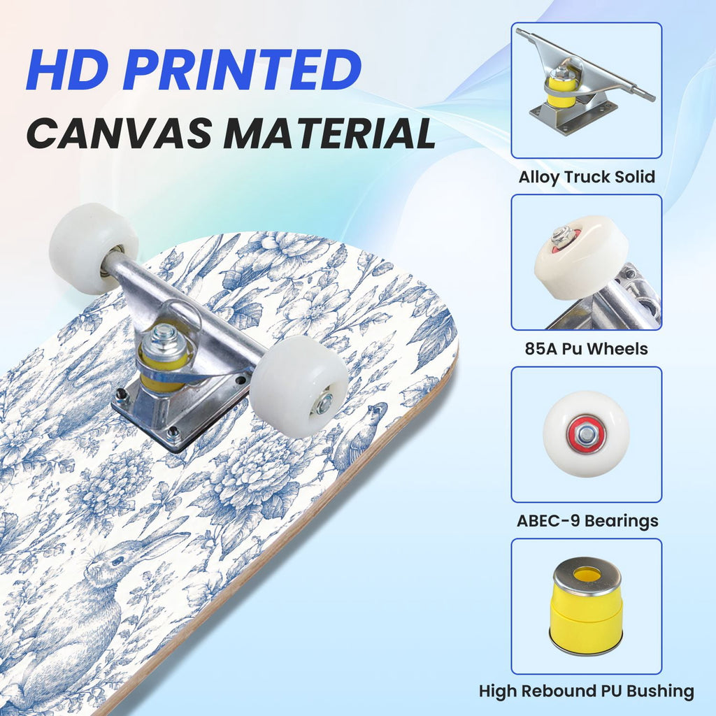 31"x8" Complete Skateboards for Beginners,Blue White Toile Rabbits Birds Floral Motifs Double Kick 7 Ply Canadian Maple Deck Skateboard with Wheels, Gifts for Kids Teens