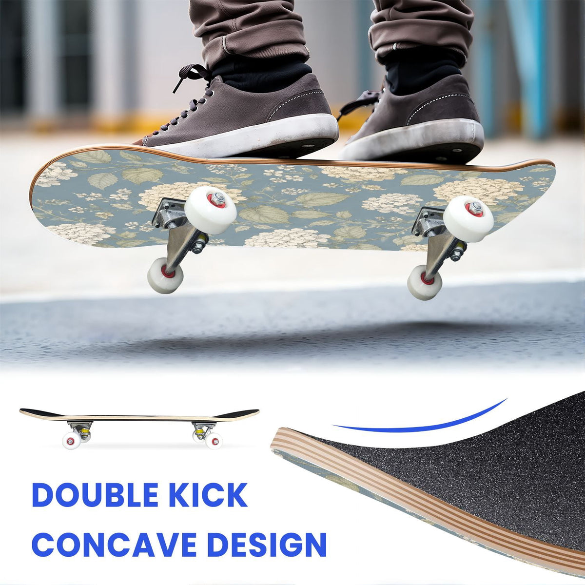 31"x8" Complete Skateboards for Beginners,Blue Flowers Crystals Seamless Watercolor Double Kick 7 Ply Canadian Maple Deck Skateboard with Wheels, Gifts for Kids Teens