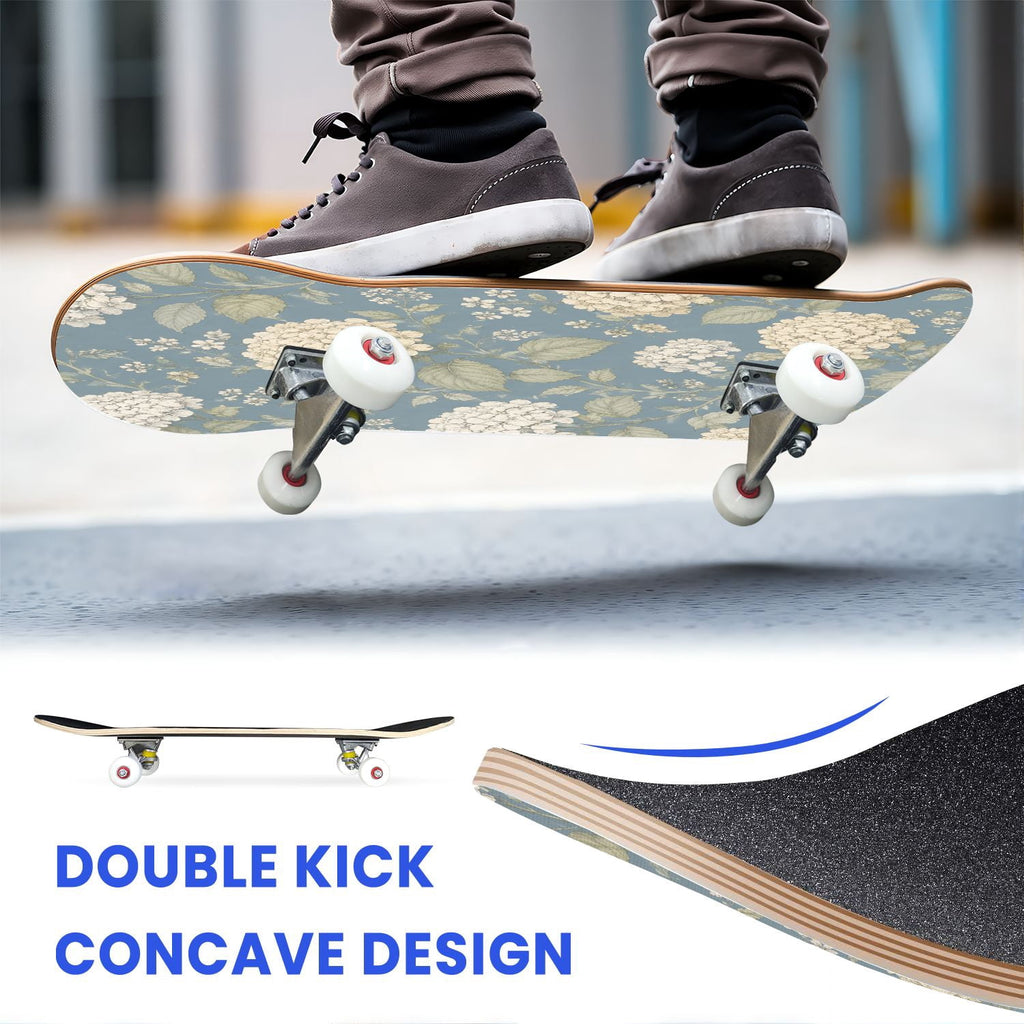 31"x8" Complete Skateboards for Beginners,Blue White Toile Rabbits Birds Floral Motifs Double Kick 7 Ply Canadian Maple Deck Skateboard with Wheels, Gifts for Kids Teens