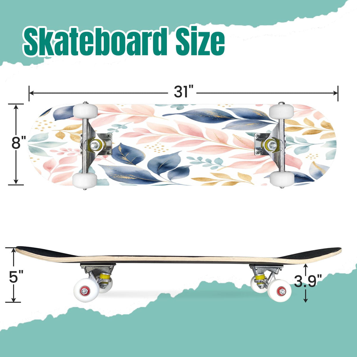 Modern Botanical Watercolor Pink Gold Mint Navy Leaves 31" x 8" Complete Skateboard, 7-Ply Canadian Maple Double Kick Trick Board for Kids and Beginners Adult Gifts