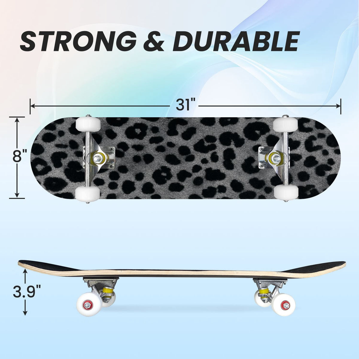 31"x8" Complete Skateboards for Beginners,Black Leopard Print Grey Double Kick 7 Ply Canadian Maple Deck Skateboard with Wheels, Gifts for Kids Teens