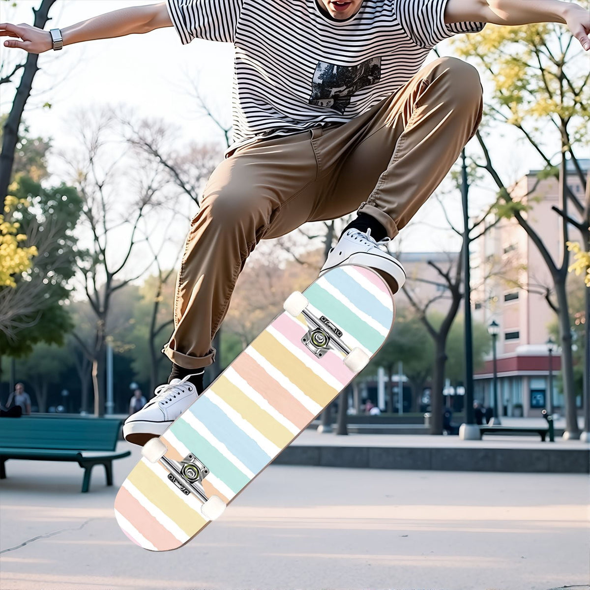 31"x8" Complete Skateboards for Beginners,Pastel Pink Vertical Stripe Minimalist Soft Design Double Kick 7 Ply Canadian Maple Deck Skateboard with Wheels, Gifts for Kids Teens