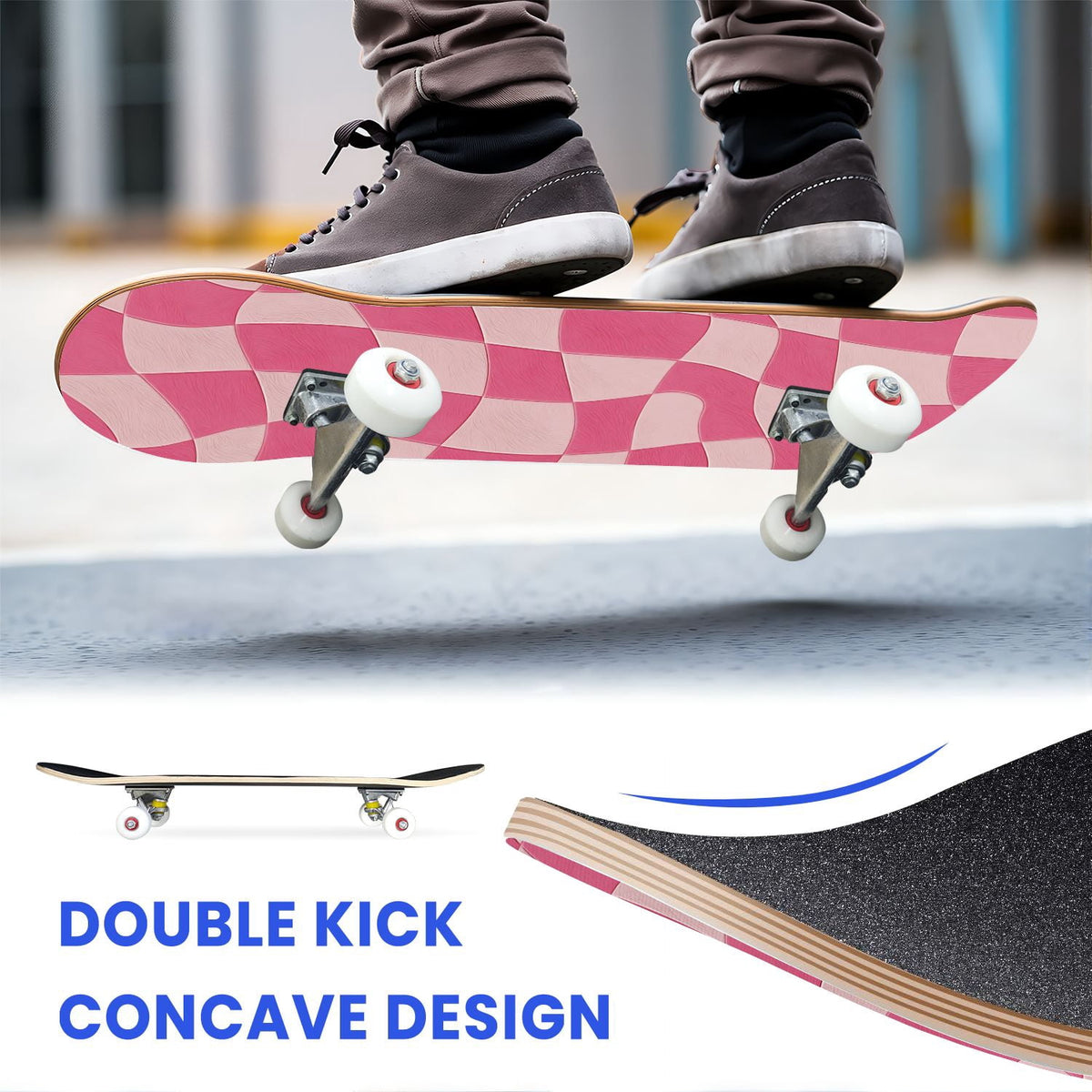 31"x8" Complete Skateboards for Beginners,Mint Green White Plaid Tartan Subtle Double Kick 7 Ply Canadian Maple Deck Skateboard with Wheels, Gifts for Kids Teens