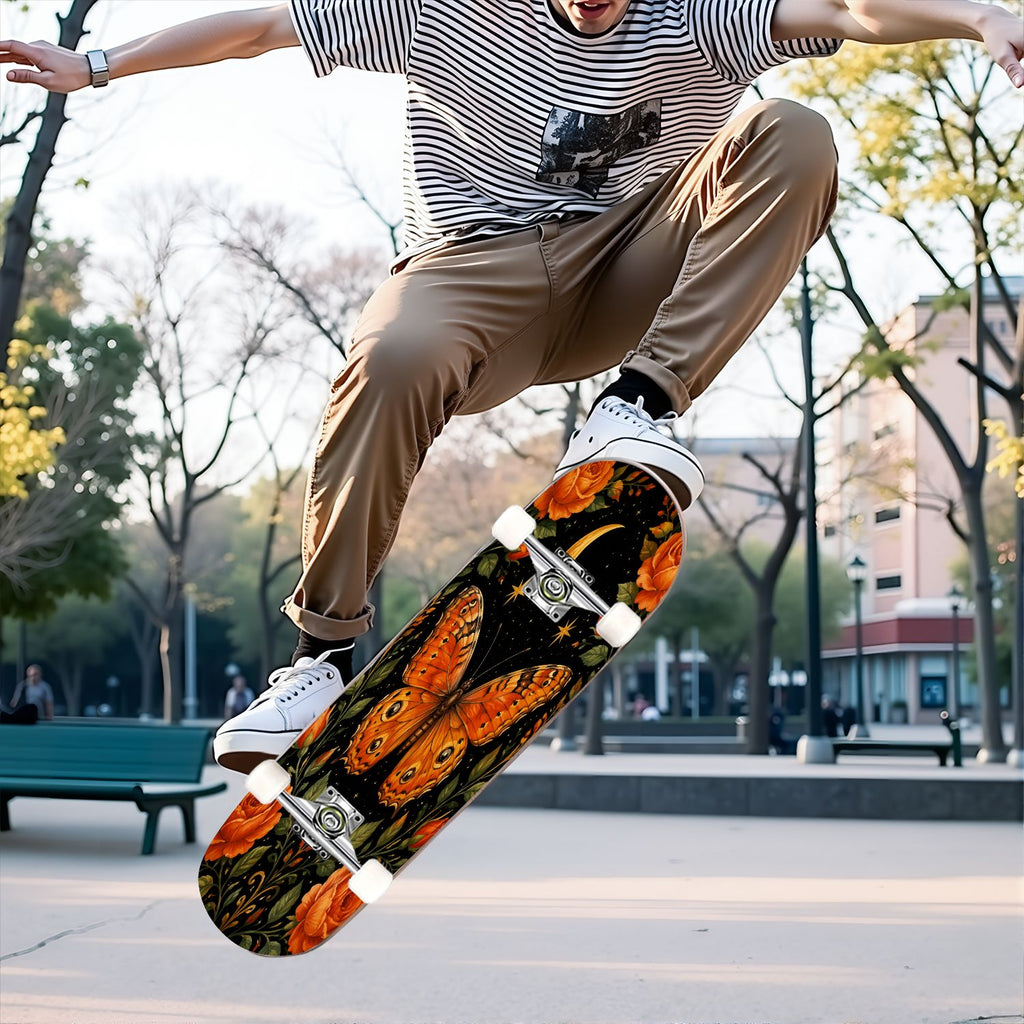 31"x8" Complete Skateboards for Beginners, Mystical Purple Butterfly Glowing Mushrooms Under Full Moon Double Kick 7 Ply Canadian Maple Deck Skateboard with Wheels, Gifts for Kids Teens