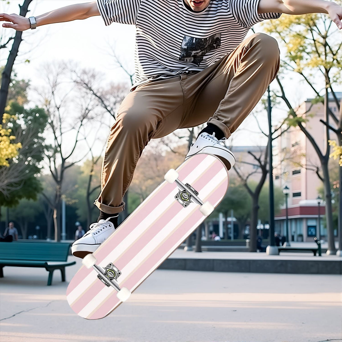 31"x8" Complete Skateboards for Beginners,Pastel Pink Vertical Stripe Minimalist Soft Design Double Kick 7 Ply Canadian Maple Deck Skateboard with Wheels, Gifts for Kids Teens