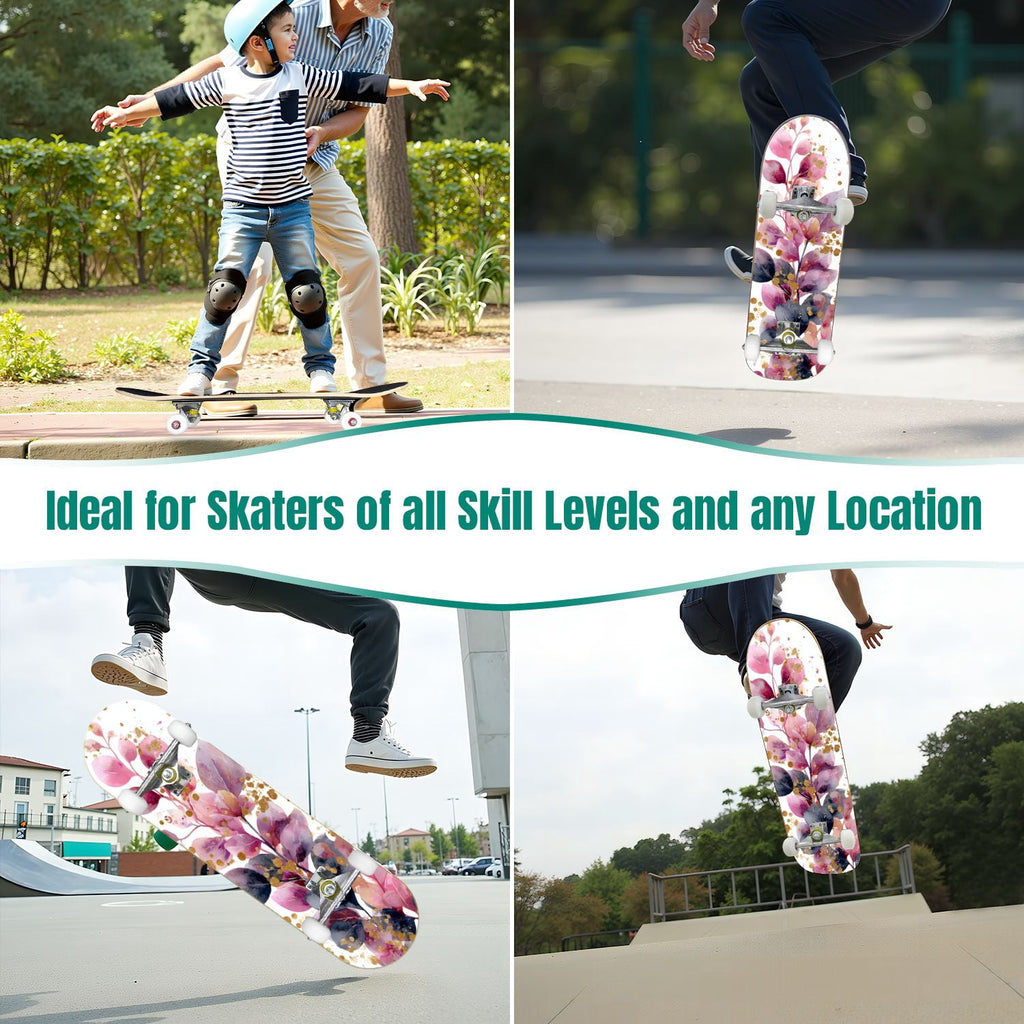 Dark Floral Wildflower Pink Yellow Blue Blooms 31" x 8" Complete Skateboard, 7-Ply Canadian Maple Double Kick Trick Board for Kids and Beginners Adult Gifts