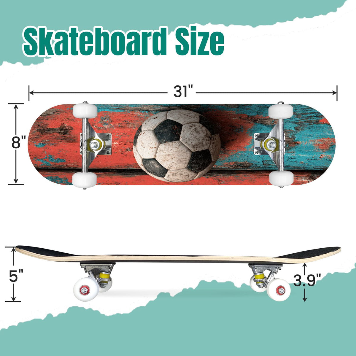 Dynamic Soccer Ball Explosion Energy Effects Stadium 31" x 8" Complete Skateboard, 7-Ply Canadian Maple Double Kick Trick Board for Kids and Beginners Adult Gifts
