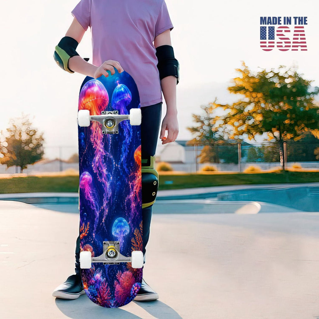 31"x8" Complete Skateboards for Beginners, Seashell Starfish Blue White Nautical Marine Life Double Kick 7 Ply Canadian Maple Deck Skateboard with Wheels, Gifts for Kids Teens