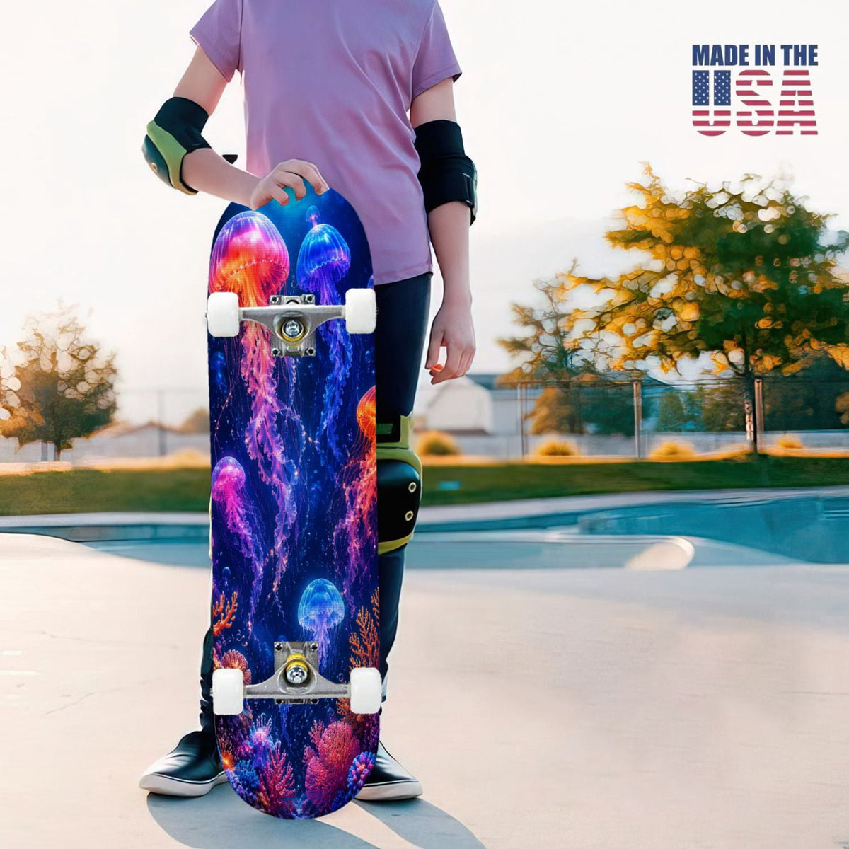 31"x8" Complete Skateboards for Beginners, Seashell Starfish Blue White Nautical Marine Life Double Kick 7 Ply Canadian Maple Deck Skateboard with Wheels, Gifts for Kids Teens