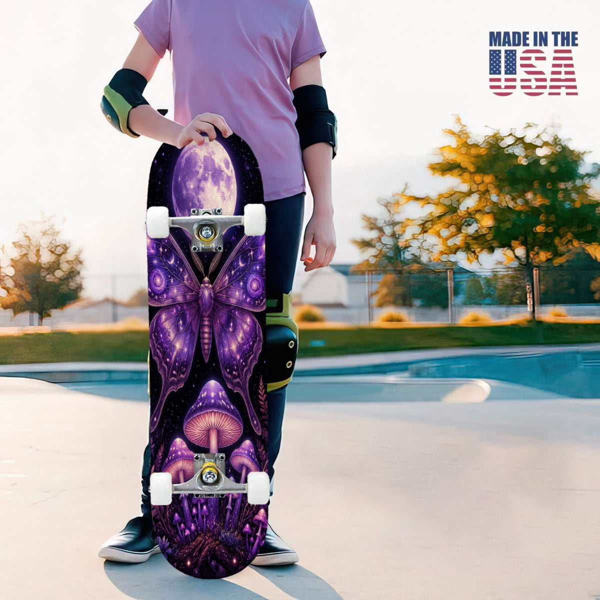 31"x8" Complete Skateboards for Beginners, Mystical Purple Butterfly Glowing Mushrooms Under Full Moon Double Kick 7 Ply Canadian Maple Deck Skateboard with Wheels, Gifts for Kids Teens