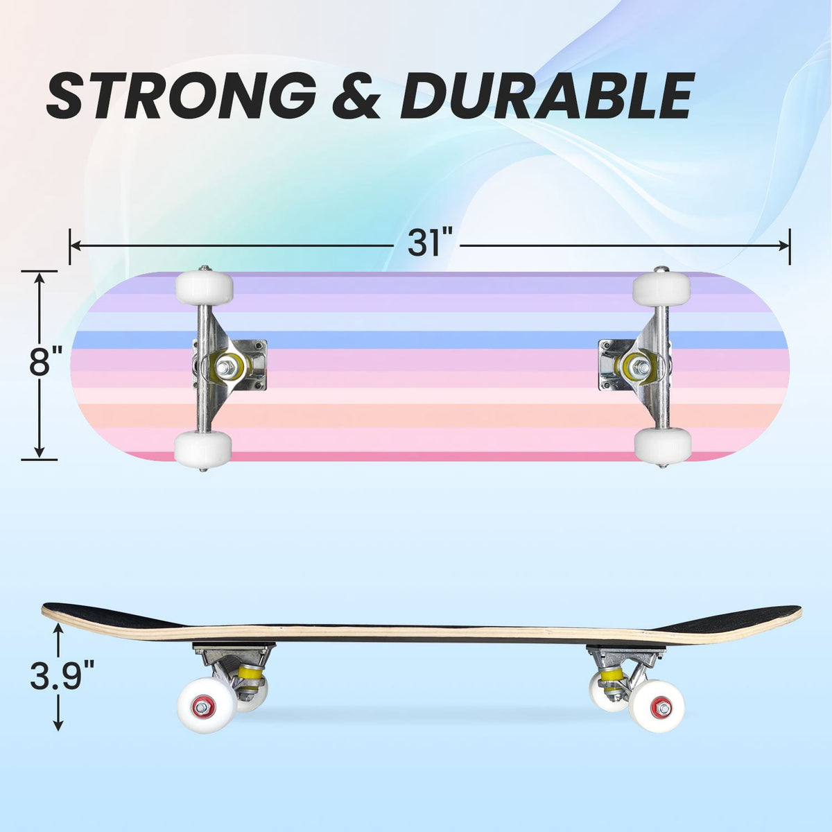 31"x8" Complete Skateboards for Beginners,Vibrant Diagonal Rainbow Gradient Abstract Art Double Kick 7 Ply Canadian Maple Deck Skateboard with Wheels, Gifts for Kids Teens