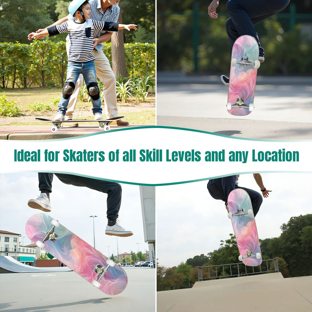 Pink Marble Fluid Abstract Design 31" x 8" Complete Skateboard, 7-Ply Canadian Maple Double Kick Trick Board for Kids and Beginners Adult Gifts