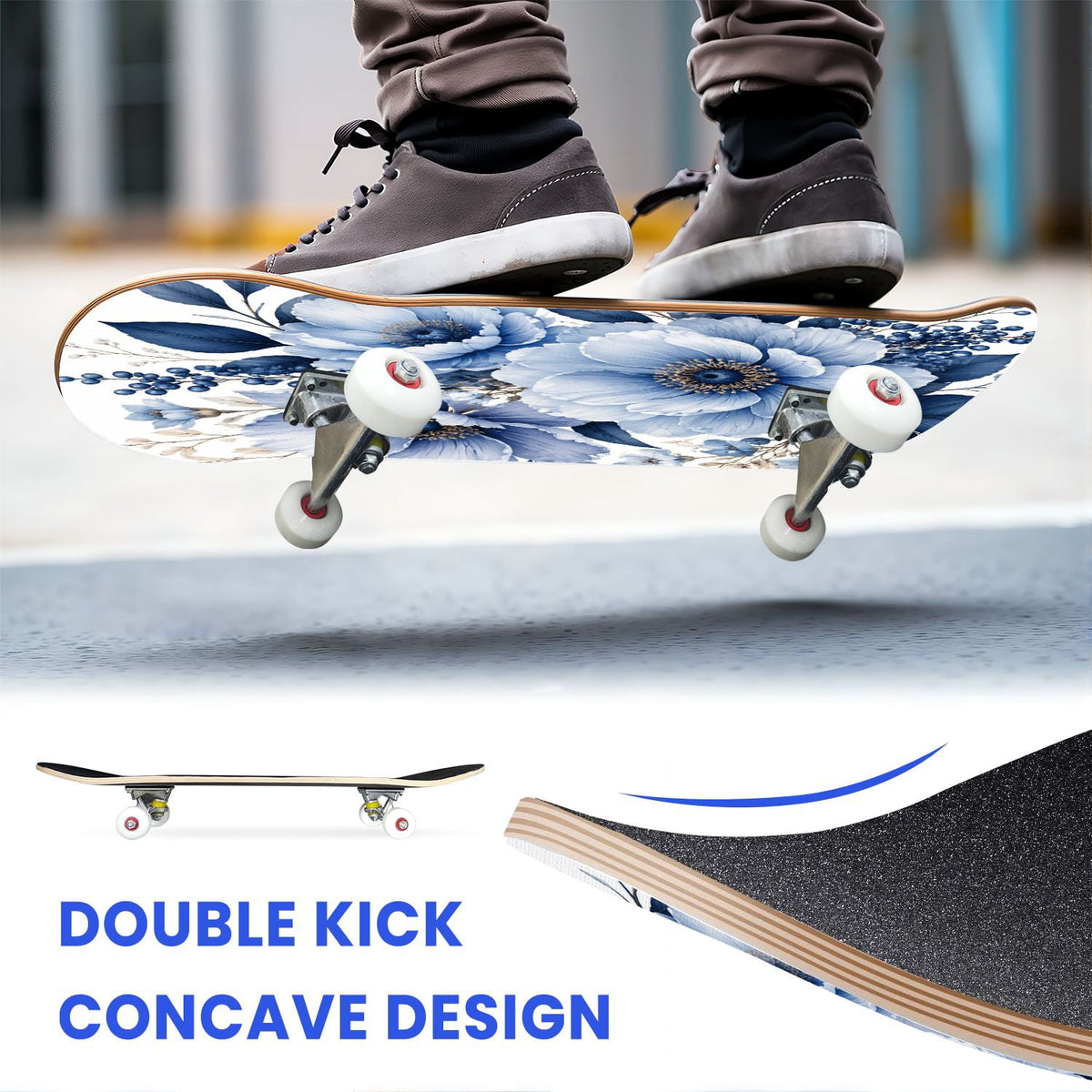 31"x8" Complete Skateboards for Beginners,Seamless Blue Watercolor Crabs Floral Accents Light Double Kick 7 Ply Canadian Maple Deck Skateboard with Wheels, Gifts for Kids Teens