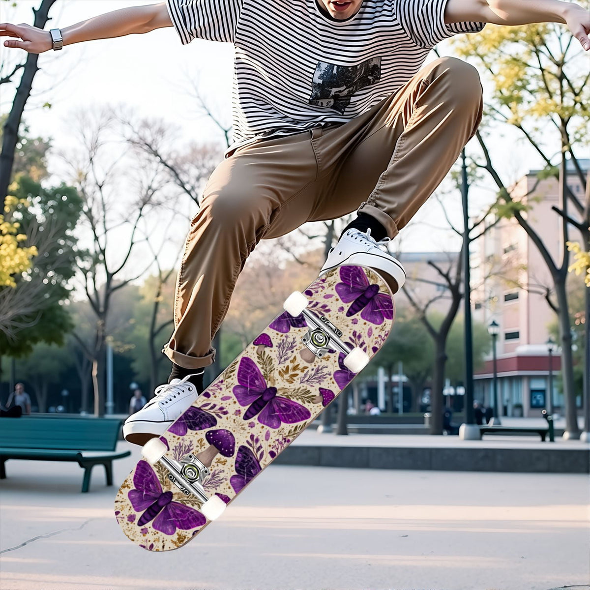 31"x8" Complete Skateboards for Beginners,Whimsical Blue Butterflies Green Foliage Dark Night Fantasy Double Kick 7 Ply Canadian Maple Deck Skateboard with Wheels, Gifts for Kids Teens