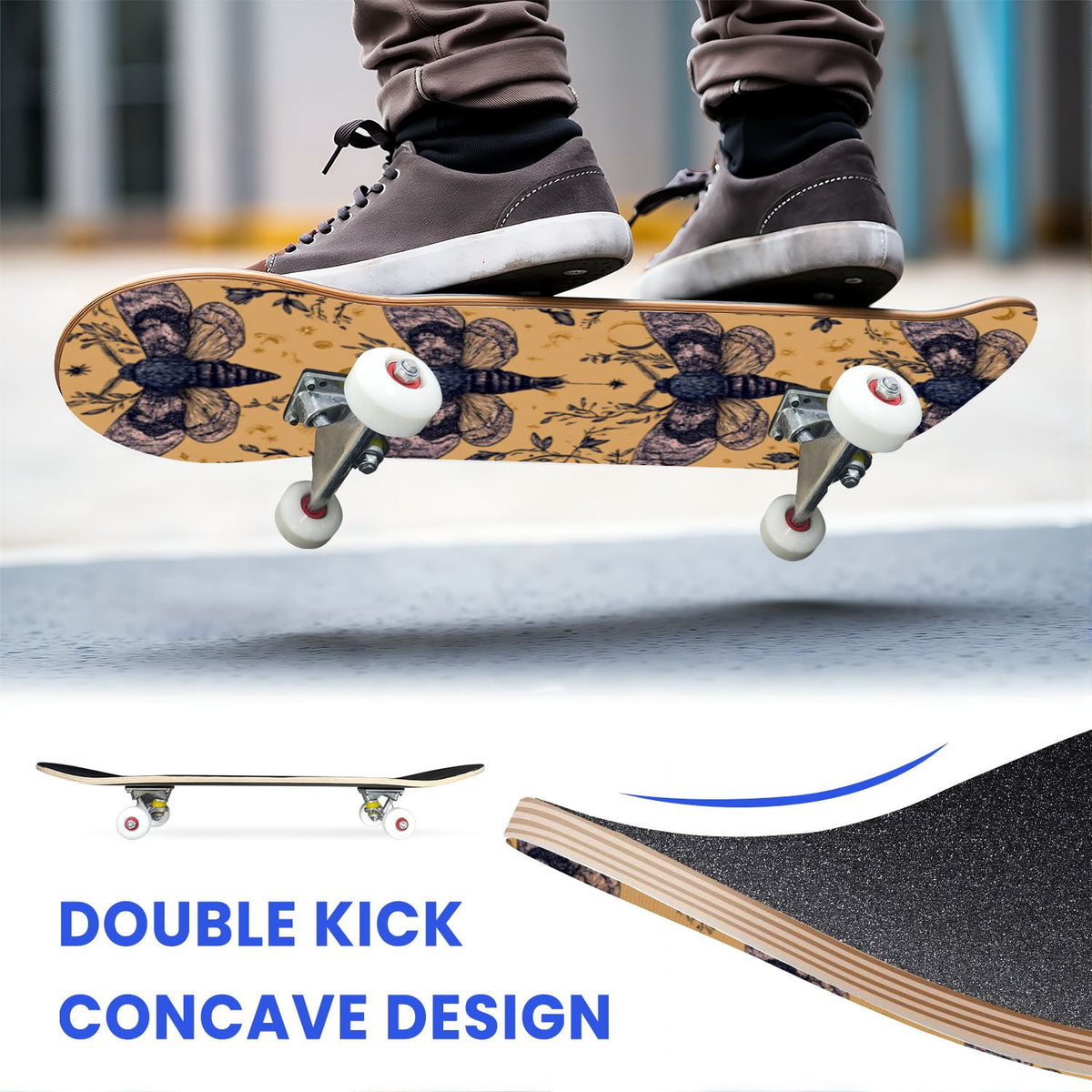 31"x8" Complete Skateboards for Beginners,Whimsical Moths Flowers Pastel Colors Stars Moon Mystical Double Kick 7 Ply Canadian Maple Deck Skateboard with Wheels, Gifts for Kids Teens