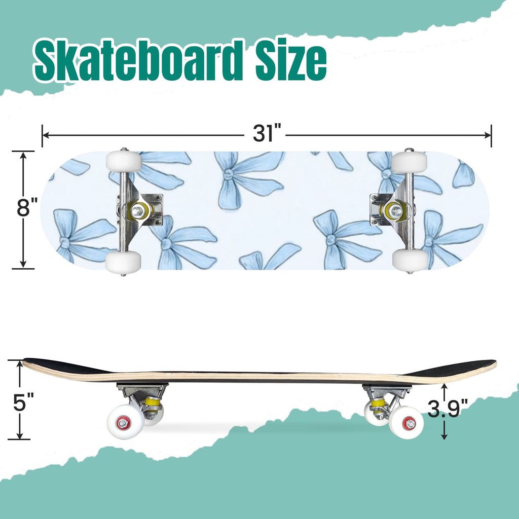 Delicate Pink Floral Ribbon Design 31" x 8" Complete Skateboard, 7-Ply Canadian Maple Double Kick Trick Board for Kids and Beginners Adult Gifts