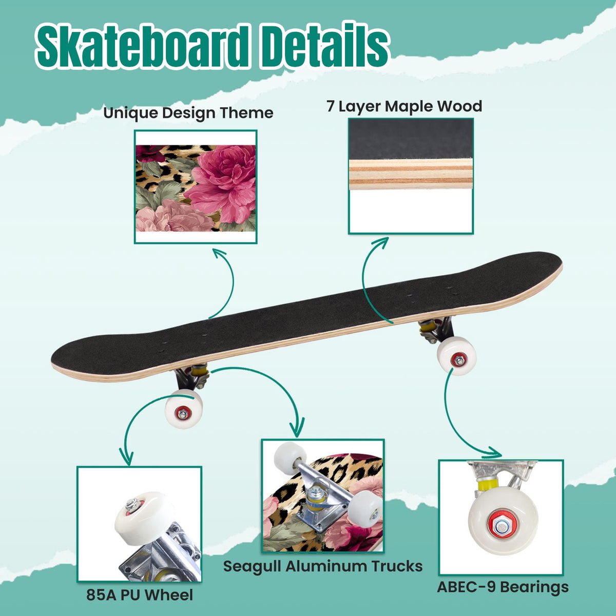 Pink Marble Fluid Abstract Design 31" x 8" Complete Skateboard, 7-Ply Canadian Maple Double Kick Trick Board for Kids and Beginners Adult Gifts