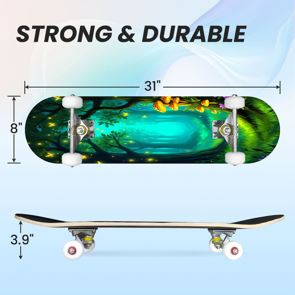31"x8" Complete Skateboards for Beginners, Magical Forest Glowing Mushrooms Twinkling Fantasy Double Kick 7 Ply Canadian Maple Deck Skateboard with Wheels, Gifts for Kids Teens