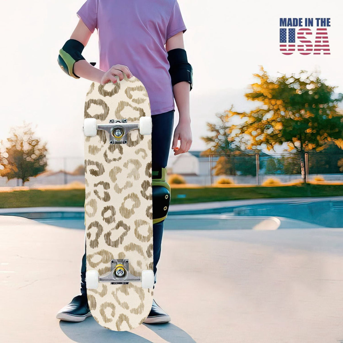 31"x8" Complete Skateboards for Beginners,Black Leopard Print Grey Double Kick 7 Ply Canadian Maple Deck Skateboard with Wheels, Gifts for Kids Teens