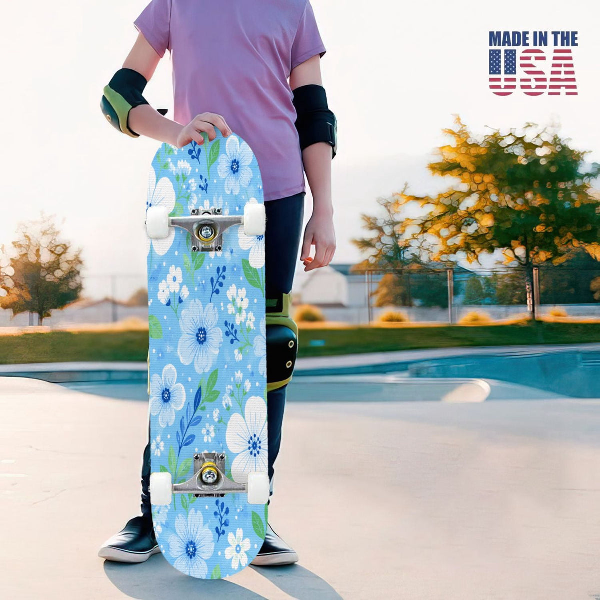 31"x8" Complete Skateboards for Beginners,Elegant White Blue Flowers Soft Petals Dreamy Artistic Double Kick 7 Ply Canadian Maple Deck Skateboard with Wheels, Gifts for Kids Teens
