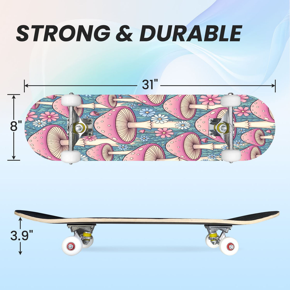 31"x8" Complete Skateboards for Beginners, Pink Floral Striped Delicate Leaves Flowers Botanical Double Kick 7 Ply Canadian Maple Deck Skateboard with Wheels, Gifts for Girls Teens