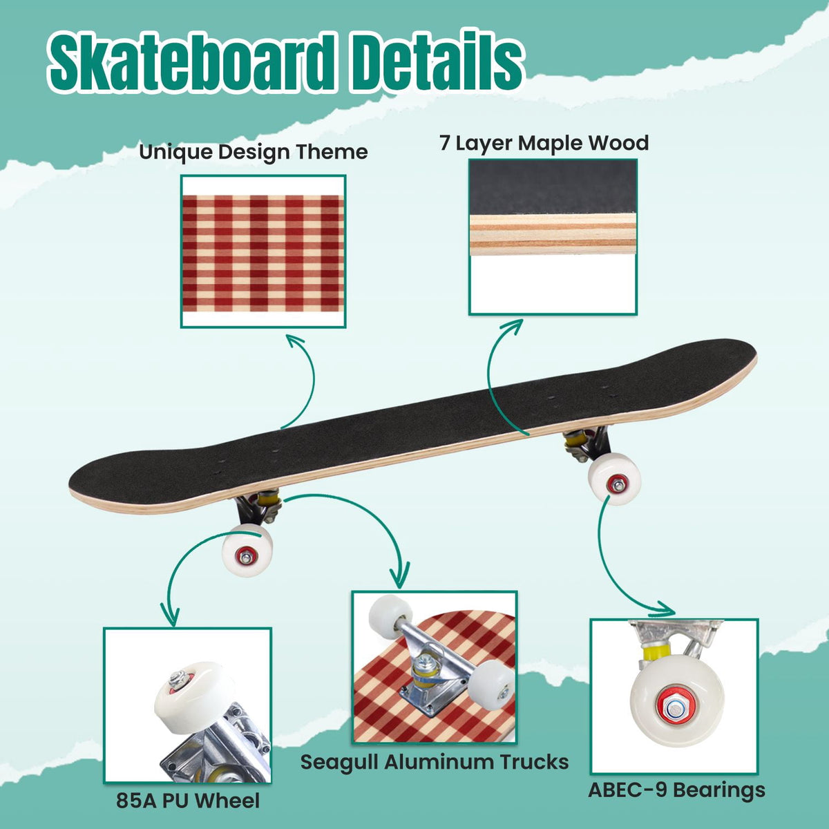 White Birch Tree Bark Natural Knots Horizontal Lines 31" x 8" Complete Skateboard, 7-Ply Canadian Maple Double Kick Trick Board for Kids and Beginners Adult Gifts