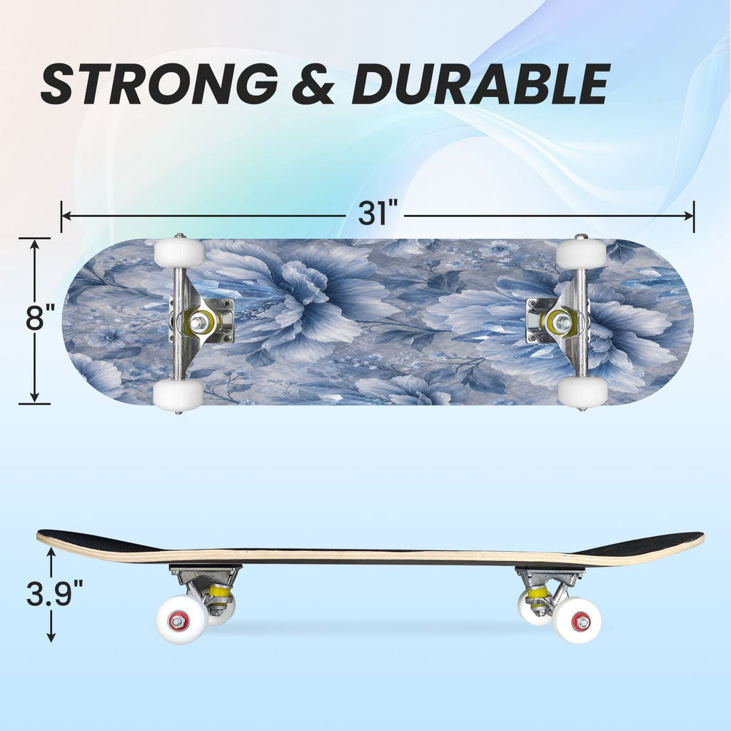 31"x8" Complete Skateboards for Beginners,Blue Flowers Crystals Seamless Watercolor Double Kick 7 Ply Canadian Maple Deck Skateboard with Wheels, Gifts for Kids Teens
