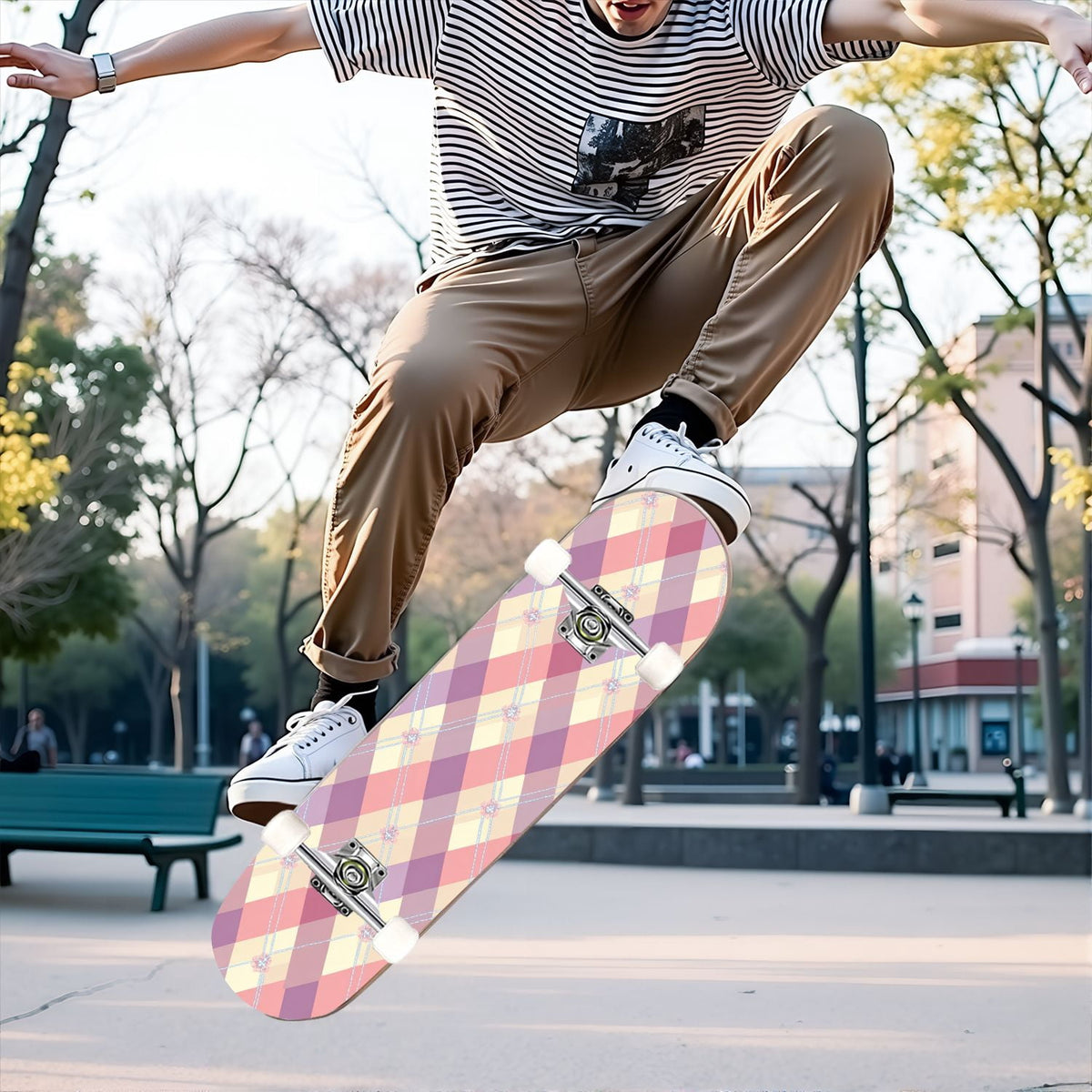 31"x8" Complete Skateboards for Beginners,Pink White Gingham Checkered Subtle Double Kick 7 Ply Canadian Maple Deck Skateboard with Wheels, Gifts for Kids Teens