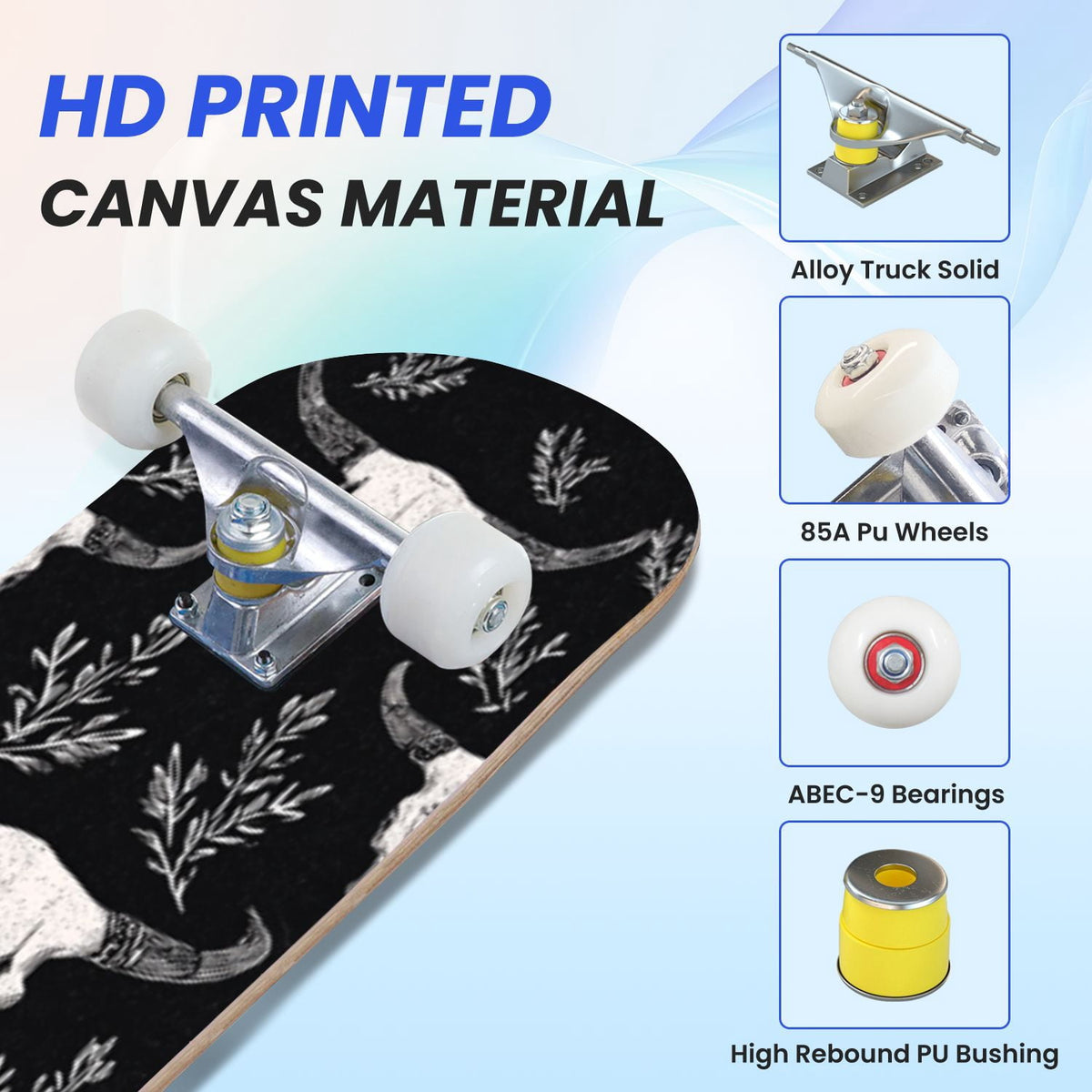 31"x8" Complete Skateboards for Beginners, Soft Blue Cream Striped Design Double Kick 7 Ply Canadian Maple Deck Skateboard with Wheels, Gifts for Kids Teens