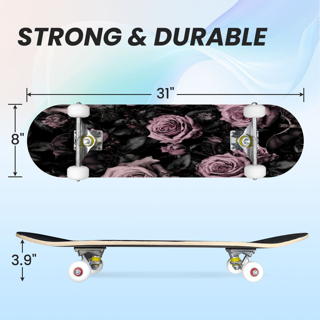31"x8" Complete Skateboards for Beginners, Ethereal Night Garden Roses Starry Sky Dark Academia Double Kick 7 Ply Canadian Maple Deck Skateboard with Wheels, Gifts for Kids Teens