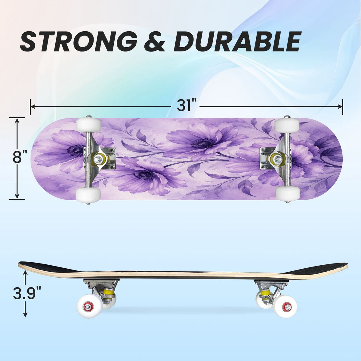 31"x8" Complete Skateboards for Beginners, Colorful Mushroom Floral Magical Night Forest Vintage Double Kick 7 Ply Canadian Maple Deck Skateboard with Wheels, Gifts for Kids Teens