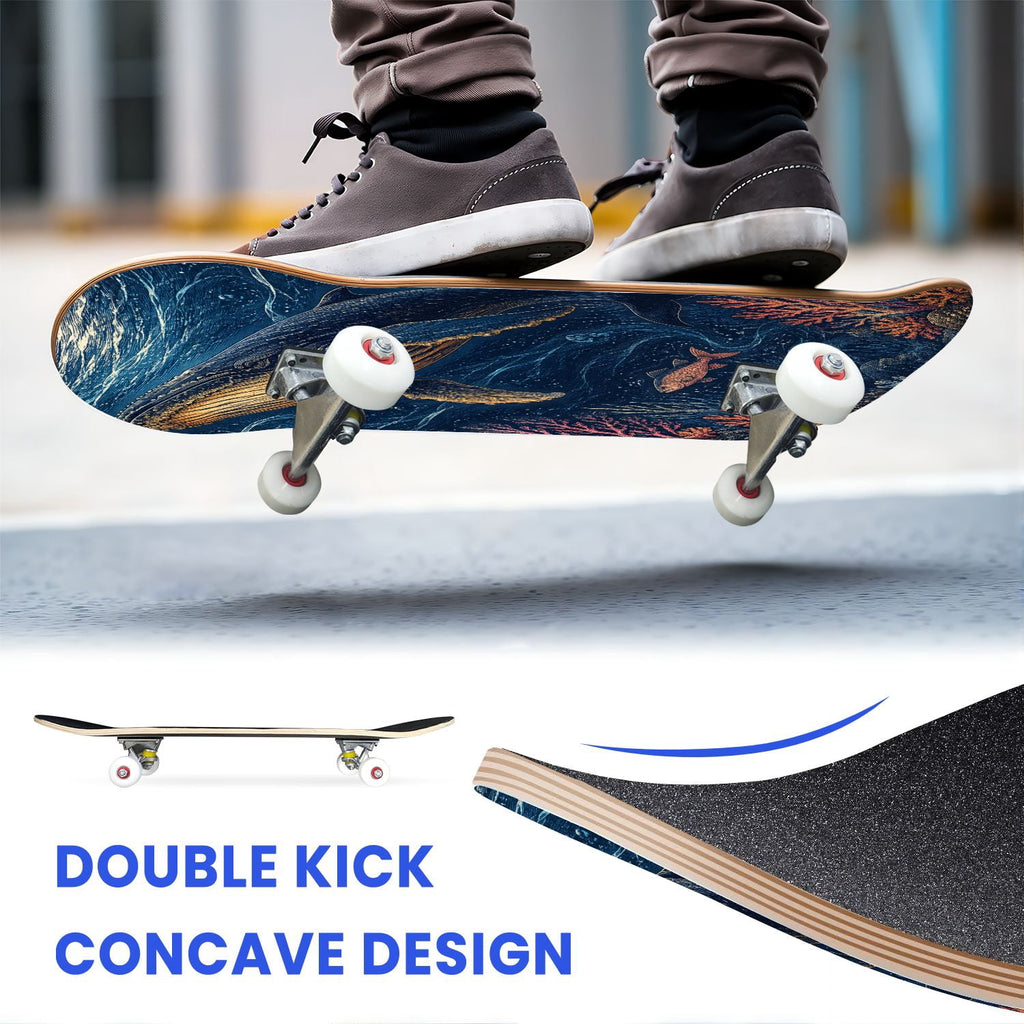 31"x8" Complete Skateboards for Beginners, Underwater Sharks Glowing Purple Jellyfish Marine Life Double Kick 7 Ply Canadian Maple Deck Skateboard with Wheels, Gifts for Kids Teens
