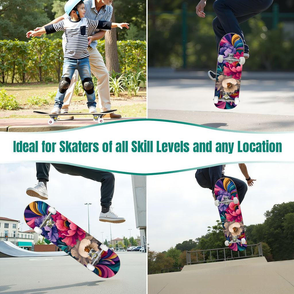31"x8" Complete Skateboards for Beginners, Turquoise Flowers Teal Daisy Flower Butterfly Blue Romantic Double Kick 7 Ply Canadian Maple Deck Skateboard with Wheels, Gifts for Kids Teens