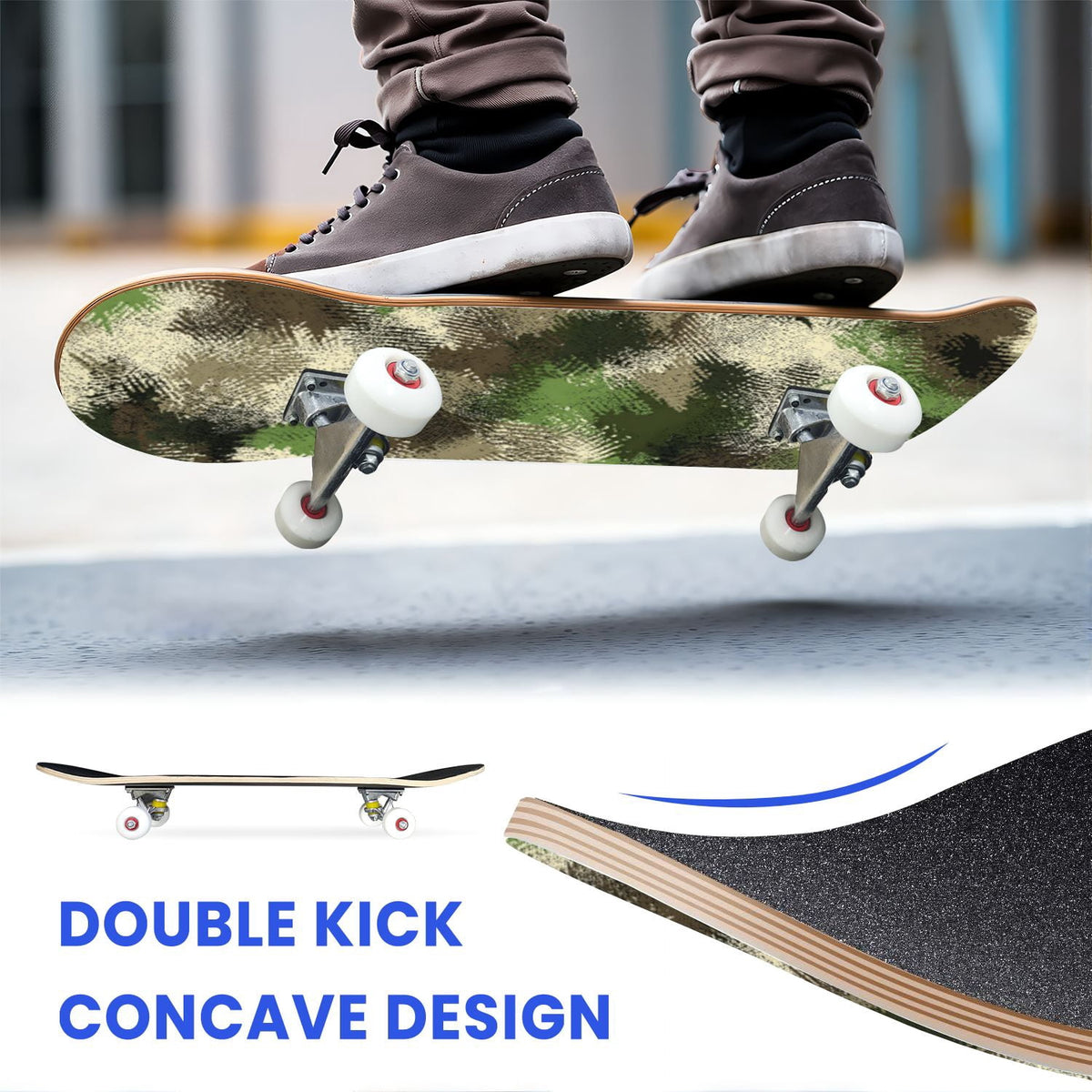 31"x8" Complete Skateboards for Beginners,Abstract Natural Earthy Tones Brush Strokes Camouflage Double Kick 7 Ply Canadian Maple Deck Skateboard with Wheels, Gifts for Kids Teens