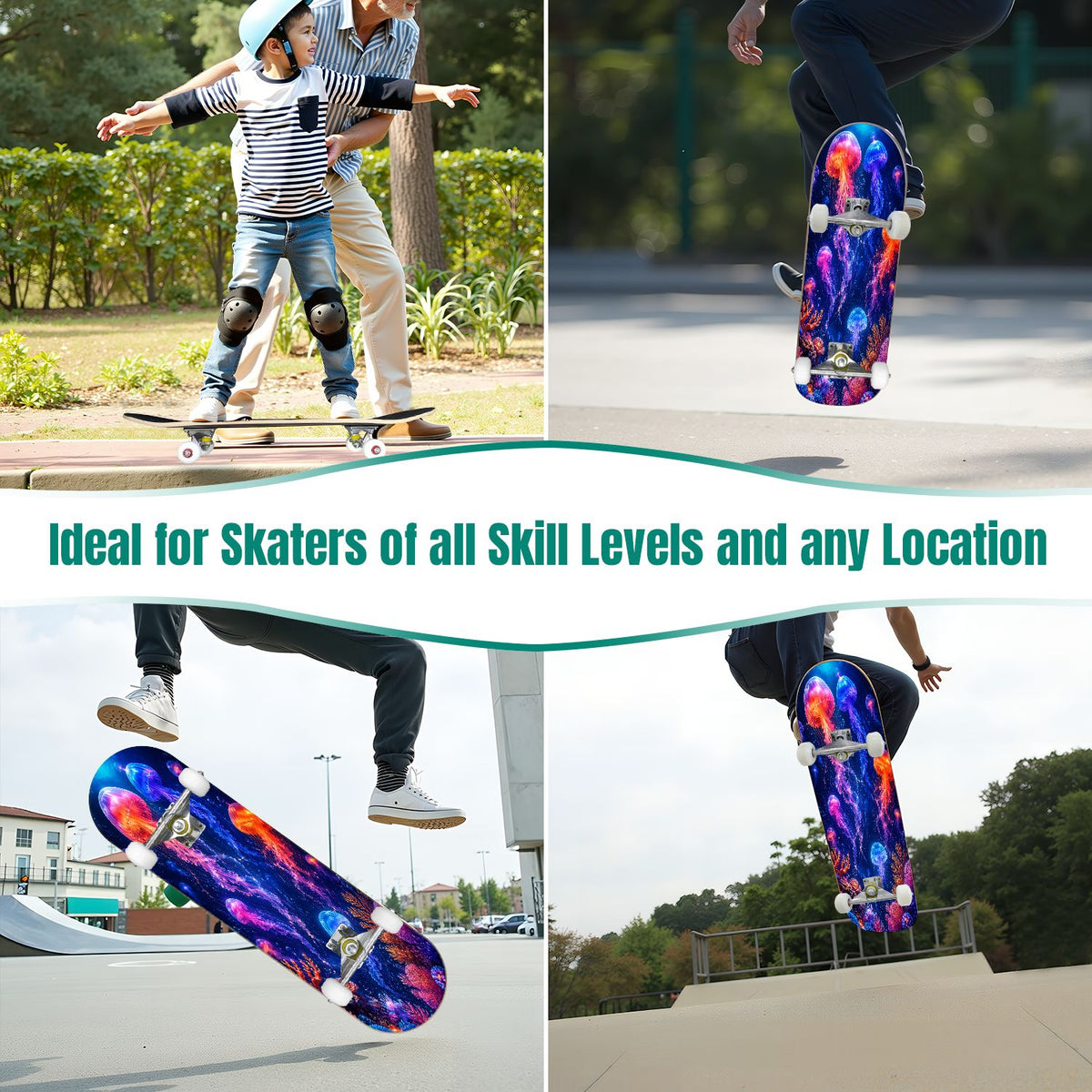 31"x8" Complete Skateboards for Beginners, Seashell Starfish Blue White Nautical Marine Life Double Kick 7 Ply Canadian Maple Deck Skateboard with Wheels, Gifts for Kids Teens