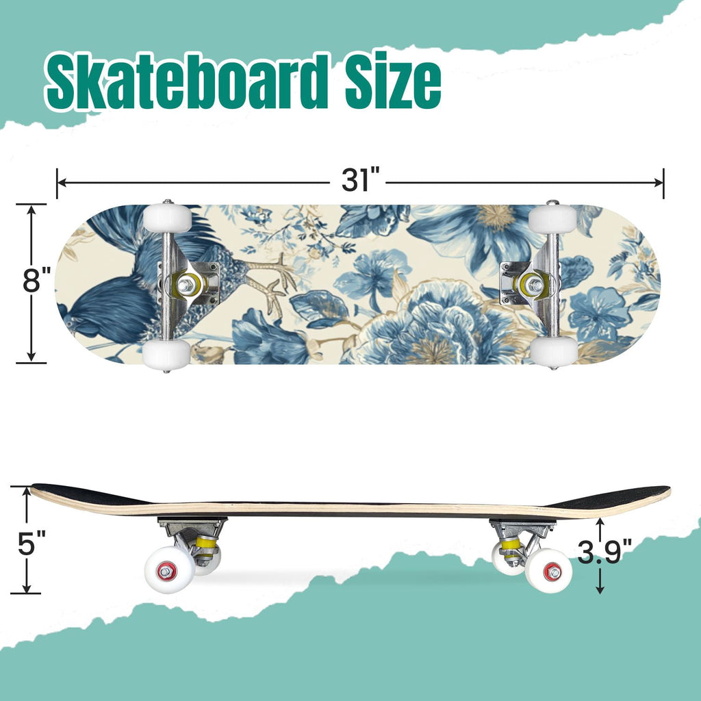 Watercolor Botanical Blue Green Leaves Flowers 31" x 8" Complete Skateboard, 7-Ply Canadian Maple Double Kick Trick Board for Kids and Beginners Adult Gifts