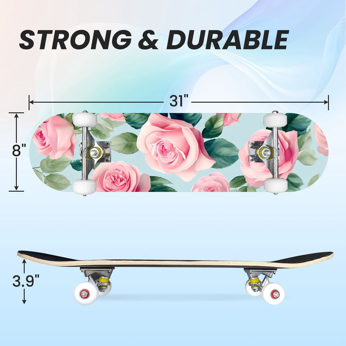 31"x8" Complete Skateboards for Beginners, Elegant Pink Red Roses Green Leaves Dark Double Kick 7 Ply Canadian Maple Deck Skateboard with Wheels, Gifts for Kids Teens