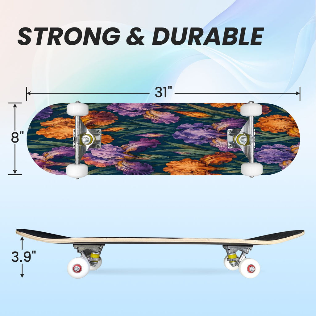 31"x8" Complete Skateboards for Beginners, Vibrant Purple Teal Floral Artwork Golden Accents Vintage Double Kick 7 Ply Canadian Maple Deck Skateboard with Wheels, Gifts for Kids Teens