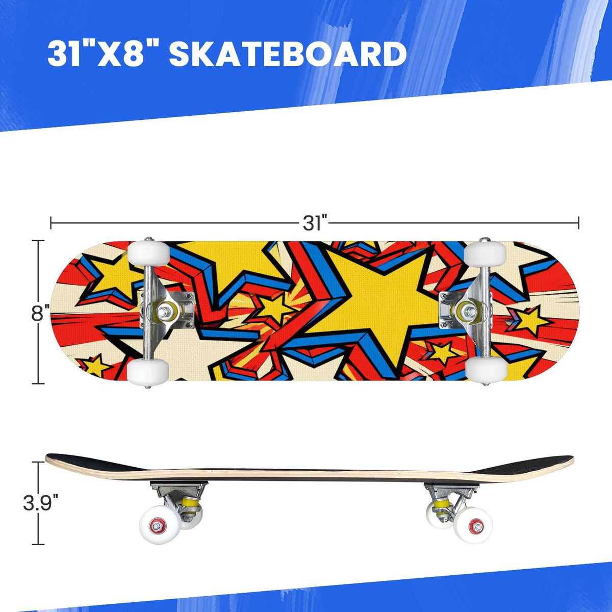 Complete Skateboard Colorful Heart Swirls 31 Inch 7-Ply Maple Skateboard with PU Wheels and Aluminum Trucks, Ready-to-Ride Skateboard for Beginners, Teens and Adults