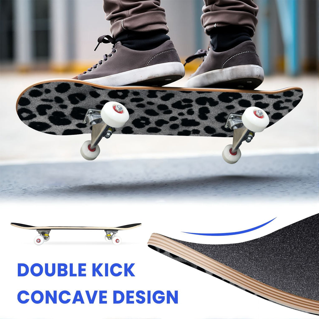 31"x8" Complete Skateboards for Beginners,Black Leopard Print Grey Double Kick 7 Ply Canadian Maple Deck Skateboard with Wheels, Gifts for Kids Teens