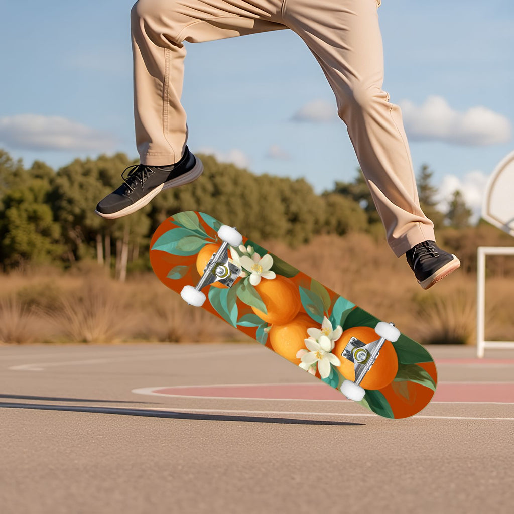 Botanical Birds Lemons Flowers Blue 31" x 8" Complete Skateboard, 7-Ply Canadian Maple Double Kick Trick Board for Kids and Beginners Adult Gifts