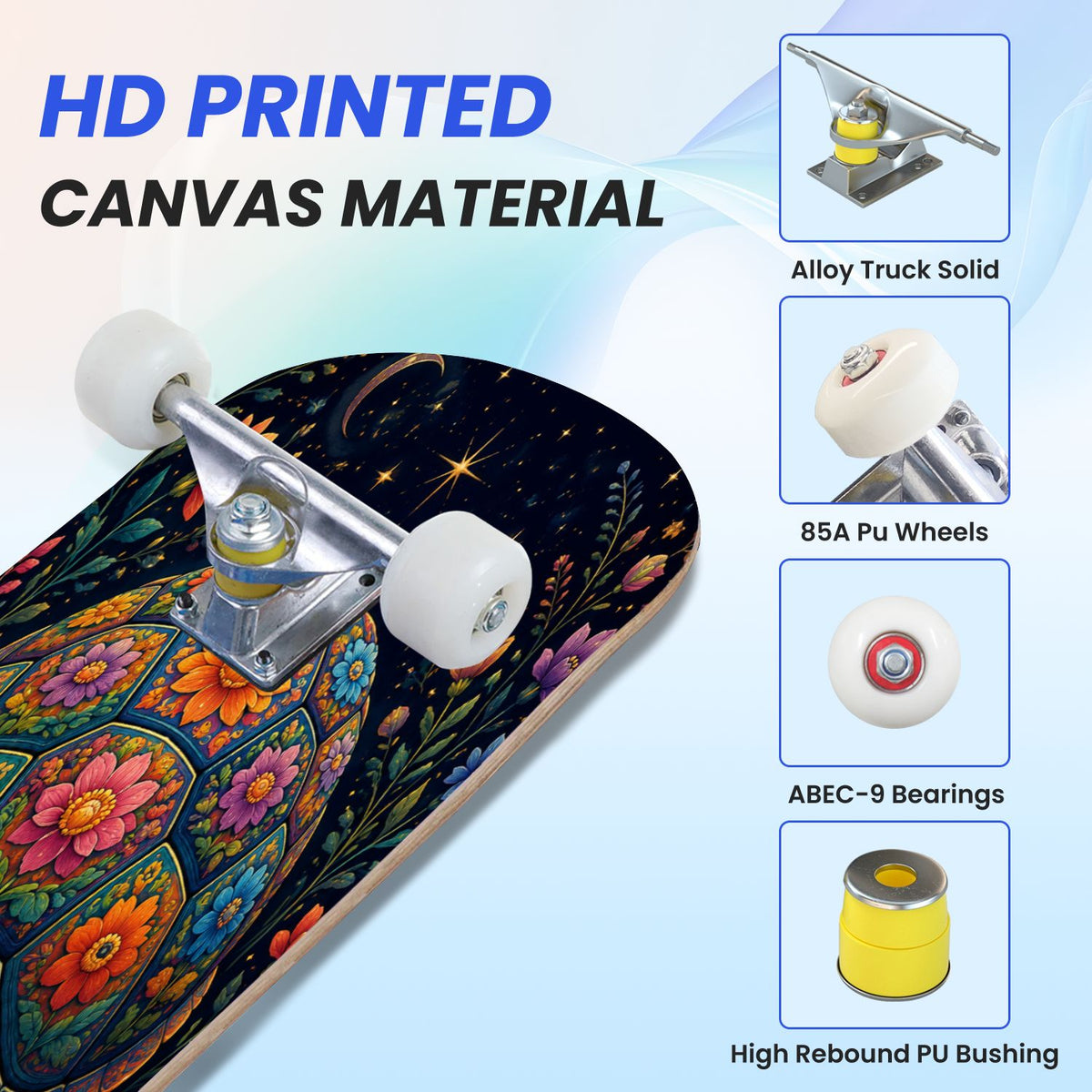 31"x8" Complete Skateboards for Beginners, Colorful Turtle Floral Shell Starry Night Marine Life Double Kick 7 Ply Canadian Maple Deck Skateboard with Wheels, Gifts for Kids Teens