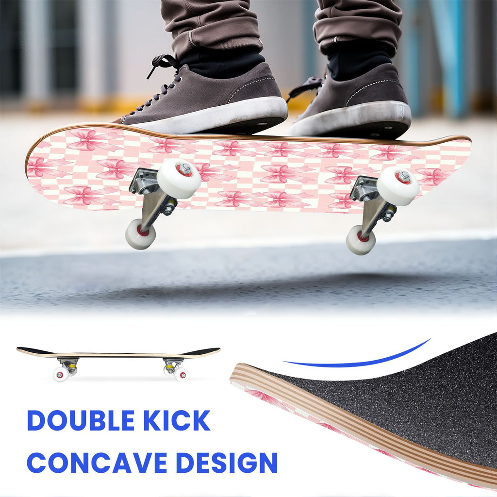 31"x8" Complete Skateboards for Beginners, Pink Bow Heart Vertical Stripes Romantic Double Kick 7 Ply Canadian Maple Deck Skateboard with Wheels, Gifts for Kids Teens