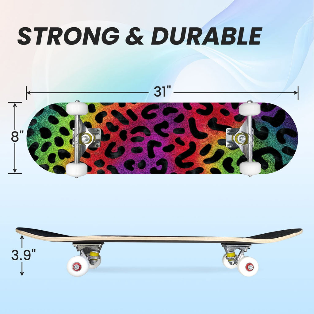 31"x8" Complete Skateboards for Beginners,Black Leopard Print Grey Double Kick 7 Ply Canadian Maple Deck Skateboard with Wheels, Gifts for Kids Teens