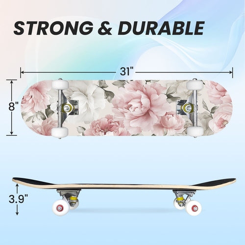 31"x8" Complete Skateboards for Beginners, Elegant Peony Floral Soft Pink White Tones Neutral Double Kick 7 Ply Canadian Maple Deck Skateboard with Wheels, Gifts for Kids Teens
