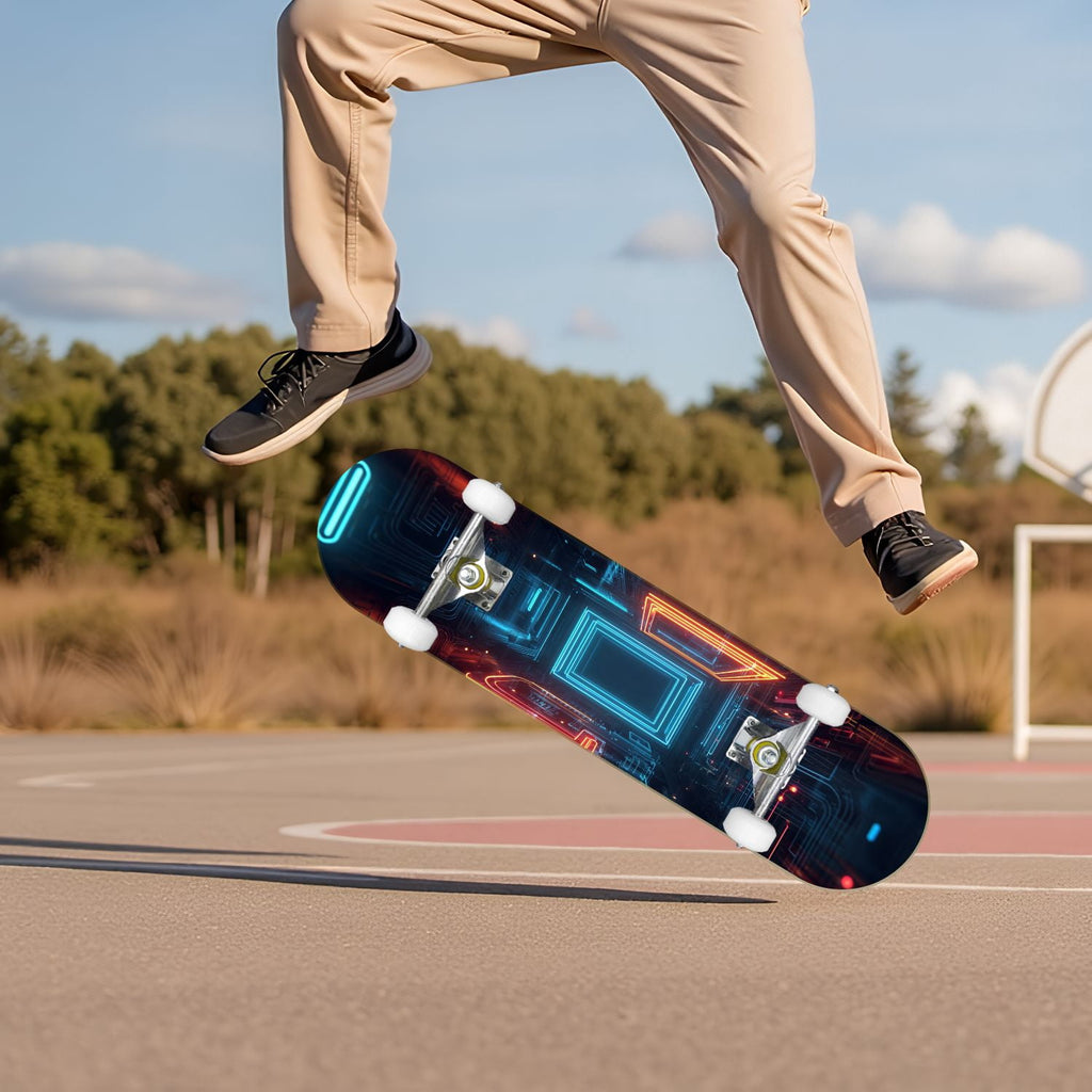 Glowing Futuristic Cubic Tunnel Metallic Tiles Bright Light 31" x 8" Complete Skateboard, 7-Ply Canadian Maple Double Kick Trick Board for Kids and Beginners Adult Gifts