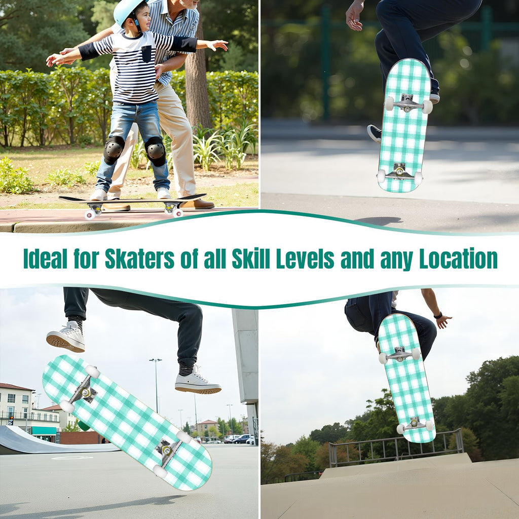 31"x8" Complete Skateboards for Beginners,Mint Green White Plaid Tartan Subtle Double Kick 7 Ply Canadian Maple Deck Skateboard with Wheels, Gifts for Kids Teens