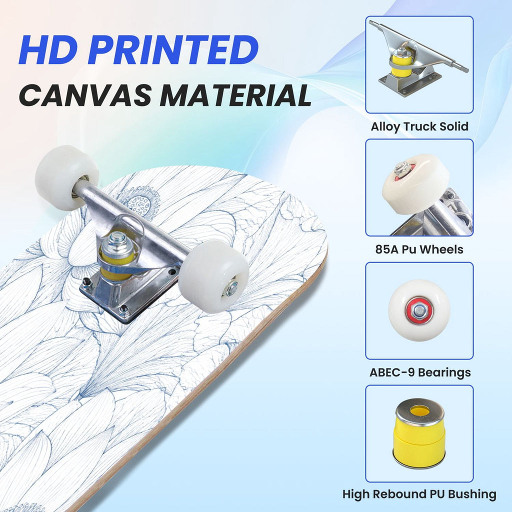 31"x8" Complete Skateboards for Beginners,Blue Botanical Leaf White Double Kick 7 Ply Canadian Maple Deck Skateboard with Wheels, Gifts for Kids Teens